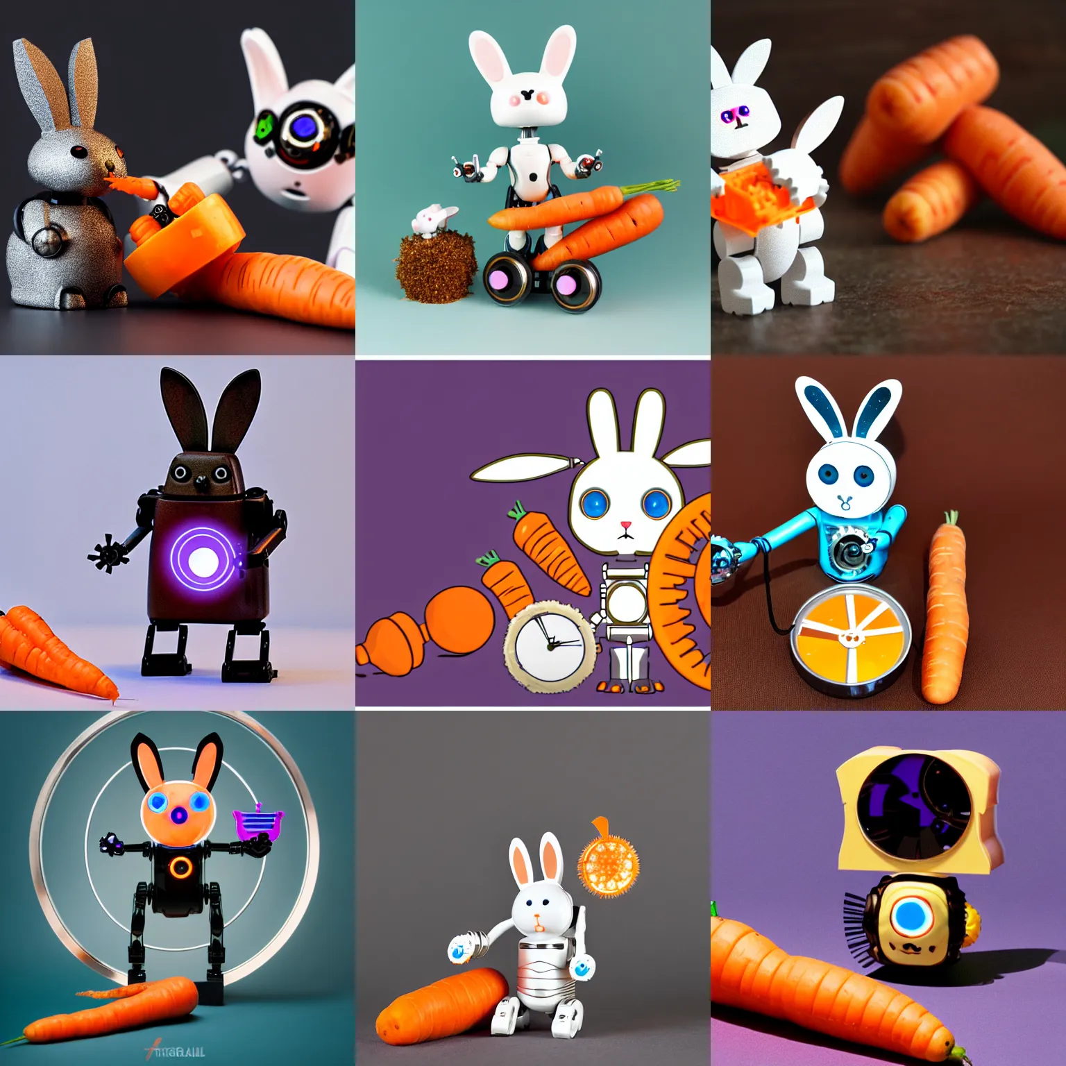 Prompt: a robotic bunny with nightrider eyes eating a translucent clockwork carrot, gear crumbs, softglow