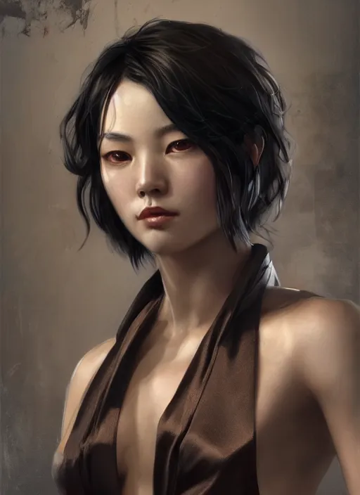 Prompt: cassandra cain portrait, brown silk robe and decollete bra, art by ruan jia, artgerm, wlop, loish, 8 k realistic, hyperdetailed, beautiful lighting, detailed background, depth of field, symmetrical face, frostbite 3 engine, cryengine,