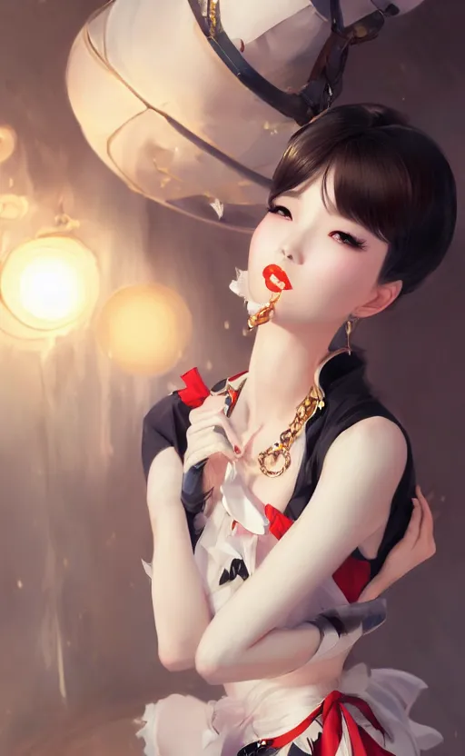 Image similar to a pin up and beautiful fashion charming dreamlke korea girl with lv jewelry, character art, art by artgerm lau and kyoung hwan kim and and ilya kuvshinov and john singer sargent, hyperdetailed, 8 k realistic, symmetrical, frostbite 3 engine, cryengine, dof, trending on artstation, digital art