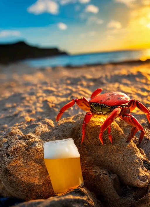 Image similar to a happy crab beside a beer at the beach, golden hour, bokeh, 4k