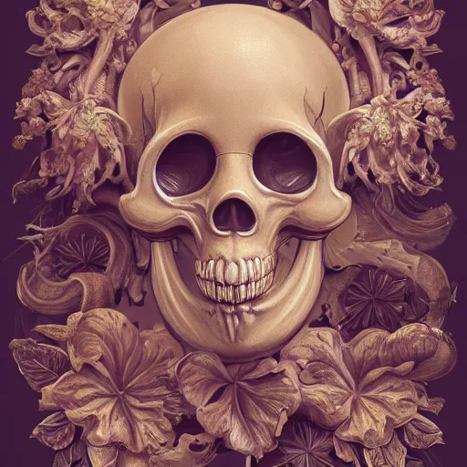 Prompt: beautiful classical holy decorative ornament, sacred skull, fungus, acanthus scrolls, lilies, ivy, anatomy, energy, geometry, magnolia, bones, petals, stems, ceremonial clouds, dripping paint, fibonacci rhythm, artstation, art germ, wlop