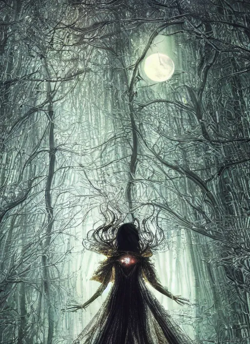 Image similar to glowing silver and golden elements, full close-up portrait, A beautiful dark witch in front of the full big moon, book cover, green forest, red white black colors, establishing shot, extremly high detail, foto realistic, cinematic lighting, pen and ink, intricate line drawings, by Yoshitaka Amano, Ruan Jia, Kentaro Miura, Artgerm, post processed, concept art, artstation, matte painting, style by eddie, raphael lacoste, alex ross