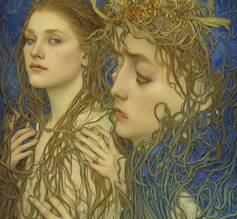 Image similar to detailed realistic beautiful young medieval queen face portrait by jean delville, alphonse mucha, vincent van gogh, and marco mazzoni, art nouveau, symbolist, visionary, gothic, pre - raphaelite