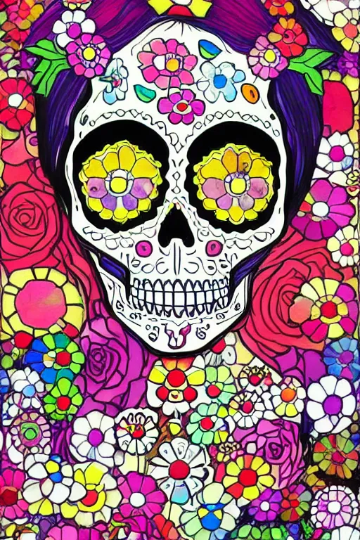 Image similar to illustration of a sugar skull day of the dead girl, art by takashi murakami