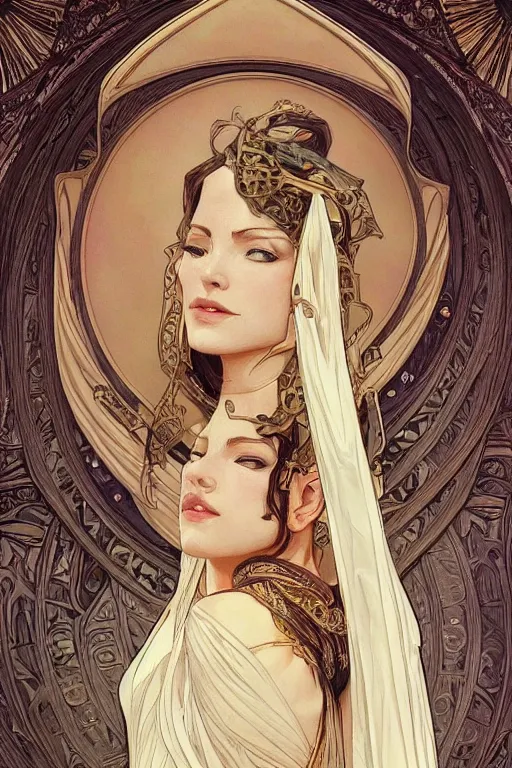 Image similar to high priestess, intricate, elegant, highly detailed, concept art, sharp focus, beautiful face!!, digital art, smooth defined outlines!!, human anatomy, human structure, by Brom, trending on Artstation, Alphonse Mucha