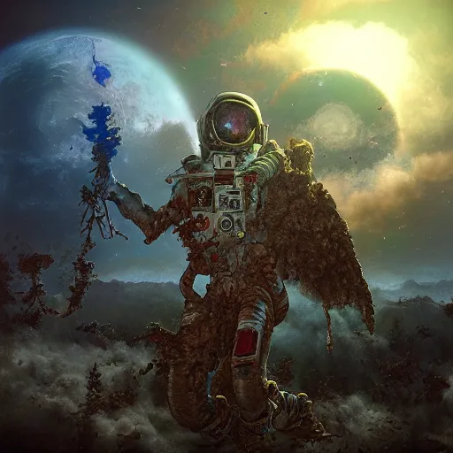 Image similar to an ultra detailed 3 d render of zombie astronaut, epic anime fantasy, 8 k, in the style of a fantasy metal album cover and magic the gathering, volumetric lighting, smooth, highly detailed, digital illustration, octane render, art by albert bierstadt and greg rutkowsi, artstation