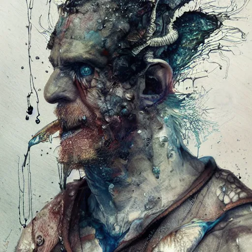 Image similar to mutant fishman sailor old man with gills and scales from the ocean by emil melmoth zdzislaw beksinki craig mullins yoji shinkawa realistic render ominous detailed photo atmospheric by jeremy mann francis bacon and agnes cecile ink drips paint smears digital glitches glitchart