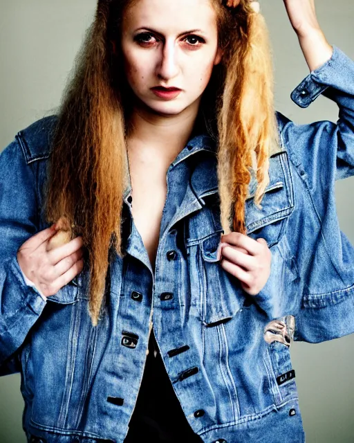 Prompt: photo of a woman by Annie Leibovitz, punk, jean jacket, Halter-top, face, cute, shaded lighting, beautiful, plaid
