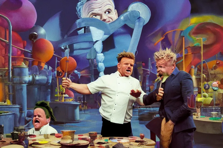 Image similar to A mixed media painting of gordon ramsay yelling at willy-wonka during a tour of the chocolate factory on kitchen nightmares, by Frank Frazetta, Greg Rutkowski, Beeple, post-processing, low angle, masterpiece, cinematic, isometric, volumetric lighting, oompa loompas in background