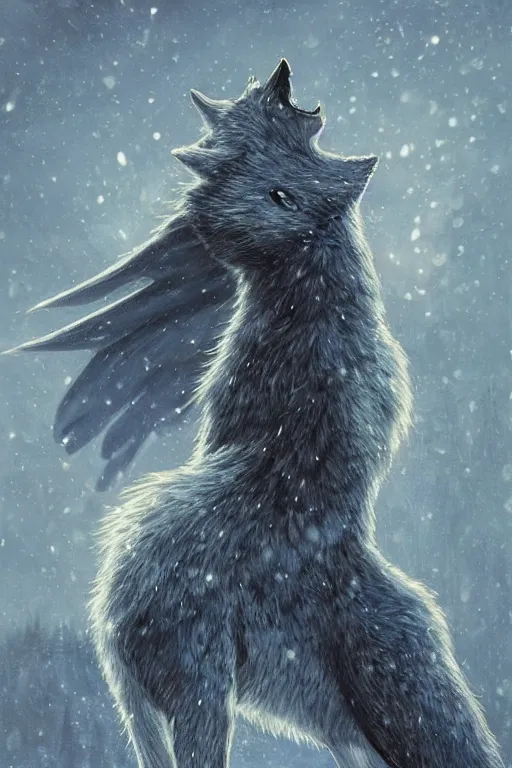 Image similar to blue wolf with wings, standing facing front, regal, elegant, winter, snow, moonlit, hd, illustration, epic, d & d, fantasy, intricate, elegant, highly detailed, digital painting, artstation, concept art, smooth, sharp focus, illustration, wallpaper, art by artgerm and greg rutkowski and alphonse mucha and jin xiaodi