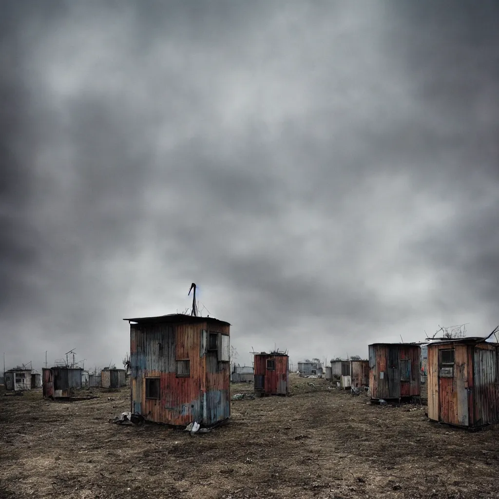 Prompt: two towers, made up of makeshift squatter shacks with faded colours, moody sky at the back, uneven fog, dystopia, mamiya, f 1 1, fully frontal view, ultra sharp, very detailed, photographed by julie blackmon