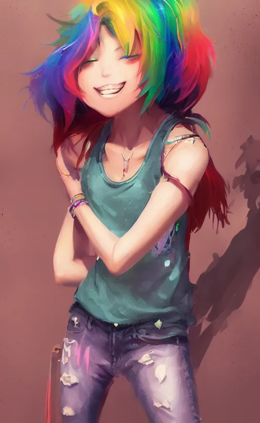 Prompt: a kawaii woman with rainbow hair smiling, tanktop and jeans, In style of by Jordan Grimmer and greg rutkowski, concept art, highly detailed