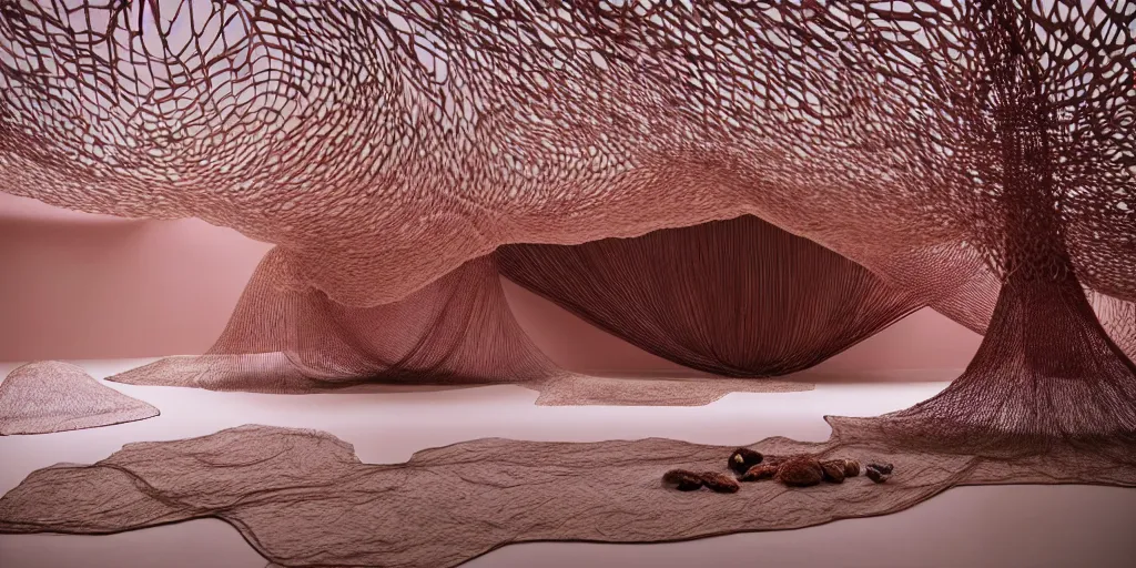 Image similar to biomorphic structures out of stocking - like material and nets that fills with various objects like spices, sand and rocks by ernesto neto, dusty pink with light - mint color, film still from the movie directed by denis villeneuve with art direction by zdzisław beksinski, telephoto lens, shallow depth of field