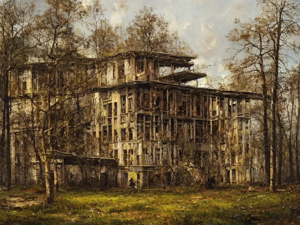 Prompt: A beautiful painting of a dilapidated post-modern building in the wood, by Paul Gustav Fischer, Trending on artstation, very detailed