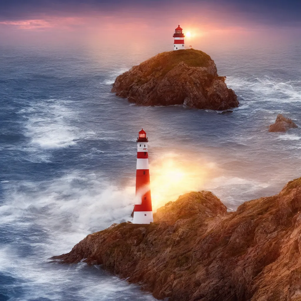 Prompt: a beautiful lighthouse on a cliff, rough sea, ultra realistic sunset, 8k