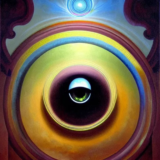 Prompt: painting of rainbow ophanim surrounded by large diagonally rotating rings, giant eyeball in the middle of the ophanim, by roberto ferri, amazing details, mythological, biblical, beautiful composition