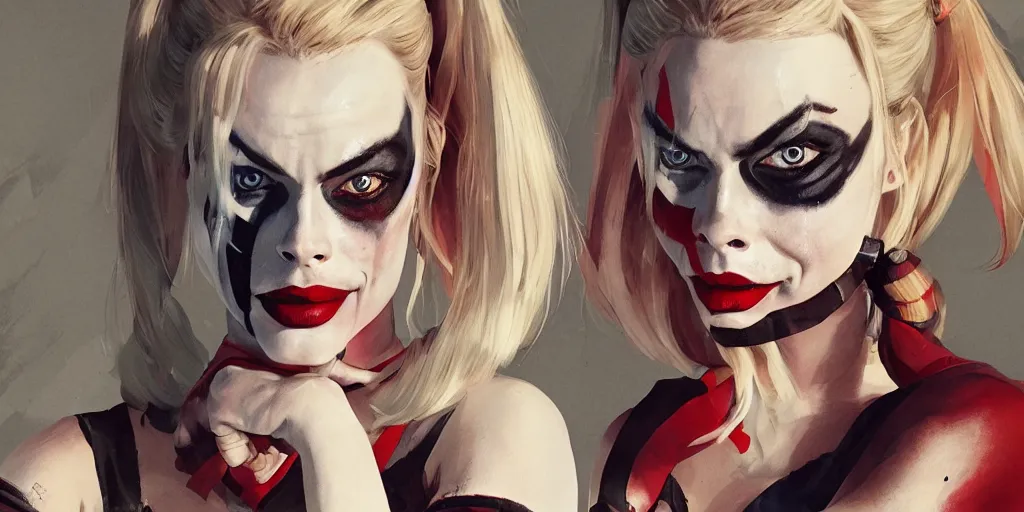 Image similar to margot robbie as harley quinn, character sheet, concept design, contrast, kim jung gi, greg rutkowski, zabrocki, karlkka, jayison devadas, trending on artstation, 8 k, ultra wide angle, pincushion lens effect