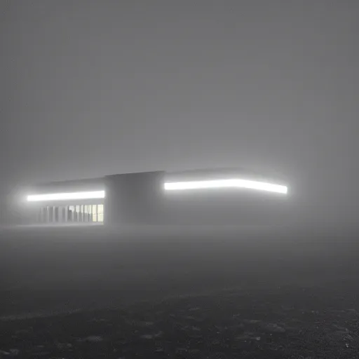 Prompt: a massive brutalist building with lights on at night in a foggy environment