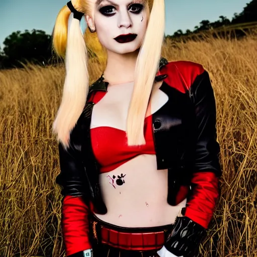 Prompt: elegant suicide squad harley quinn, long blonde hair and large eyes, finely detailed perfect face, standing in the grass at sunset, golden hour sunset lighting,