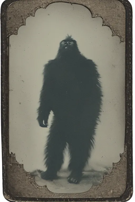 Image similar to a tintype photograph of bigfoot