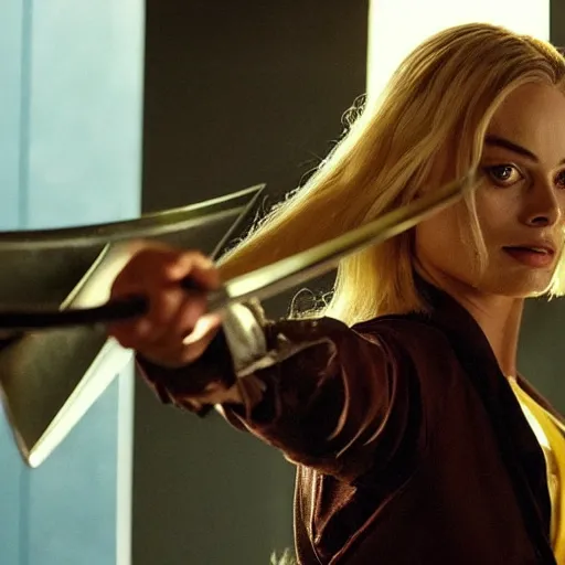 Prompt: margot robbie as kill bill in a swordfight