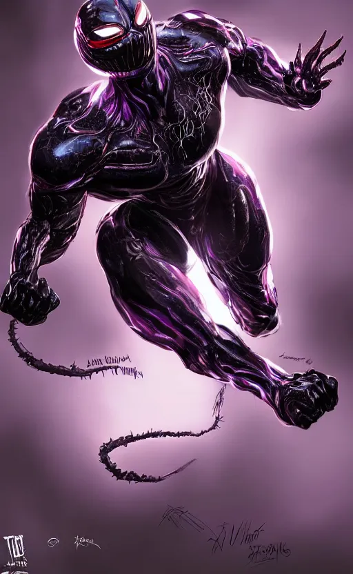 Image similar to venom in a venom inspired ironman suit, purple, black and red, dynamic lighting, photorealistic fantasy concept art, trending on art station, stunning visuals, terrifying, creative, cinematic