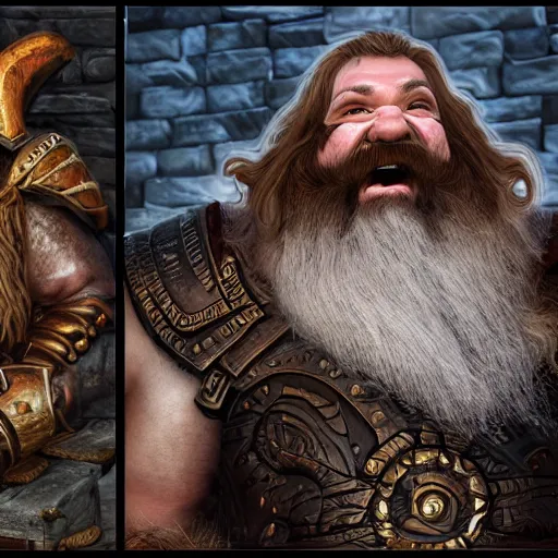 Prompt: dwarven smith gets serious and wields his hammer with two hands and rushes forward, screaming, fantasy, warrior, 8 k, cinematic, highly detailed, ultra realistic, power slide