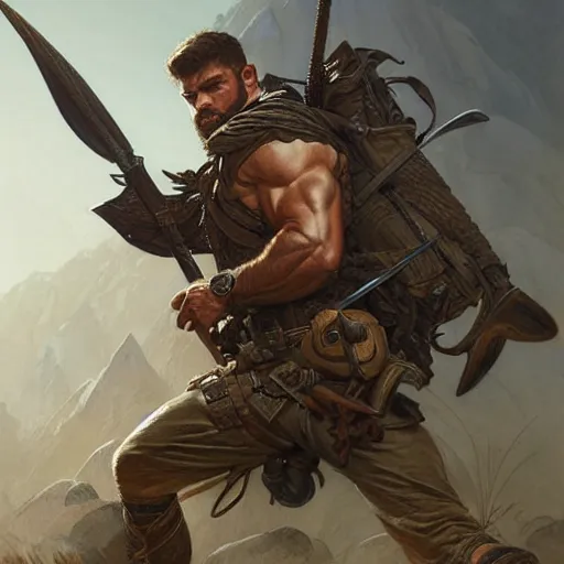 Image similar to Rugged male ranger in battle, D&D, muscular, fantasy, intricate, elegant, highly detailed, digital painting, artstation, concept art, smooth, sharp focus, illustration, art by artgerm and greg rutkowski and alphonse mucha