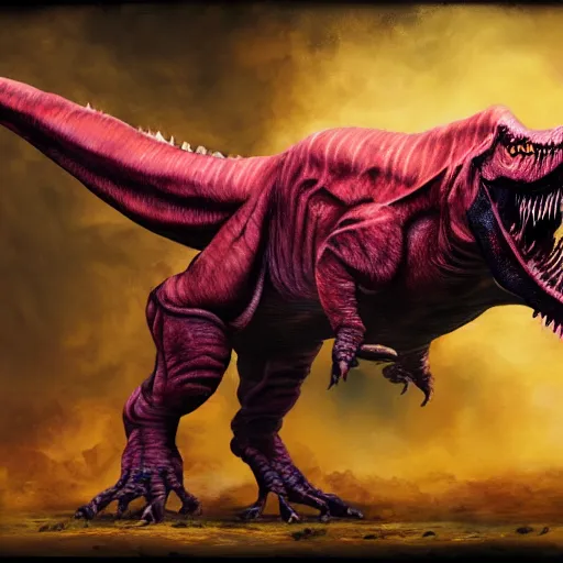 Prompt: a painting of a angry, demonic T-Rex standing close to camera in the style of devilcore, gorecore, acrylic, 3D render, blender render, realistic skin, twilight, glows, detailed, studio quality, HD image,