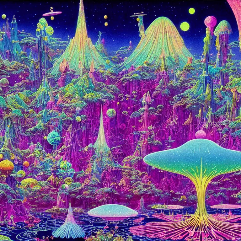 Image similar to mysterious ufo hovering over magical crystal temple, bright neon colors, highly detailed, high resolution, cinematic, hiroo isono, tim white, philippe druillet, roger dean, lisa frank, aubrey beardsley, ernst haeckel