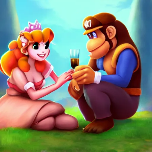 Image similar to Princess Peach and Donkey Kong on a date, trending on ArtStation