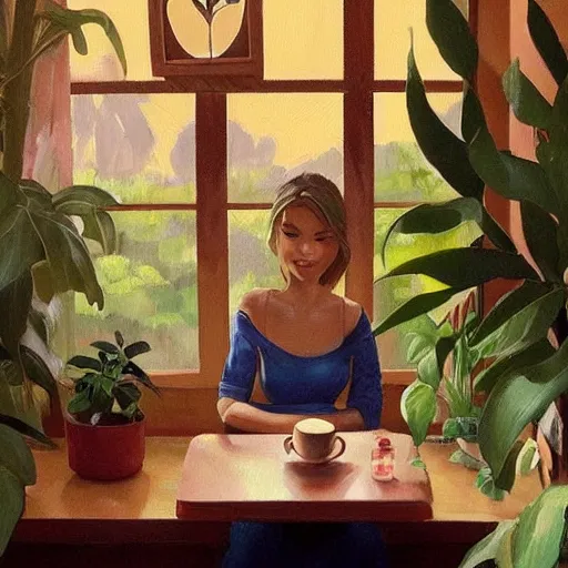 Image similar to a cozy cute cafe with a window and plants, a young pretty filipino woman sits with an espresso, golden morning light, dramatic light, happy cozy feelings, oil painting trending on artstation