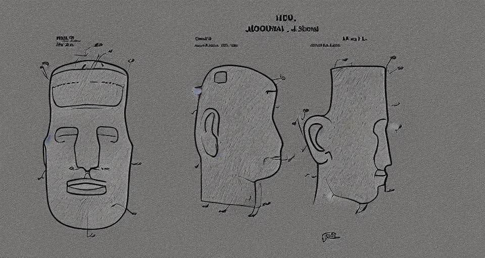 Image similar to moai head patent drawing, photorealistic