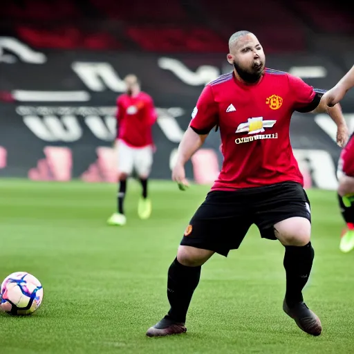 Image similar to morbidly obese men playing for man united, photorealistic, 4 k, dramatic, sharp focus