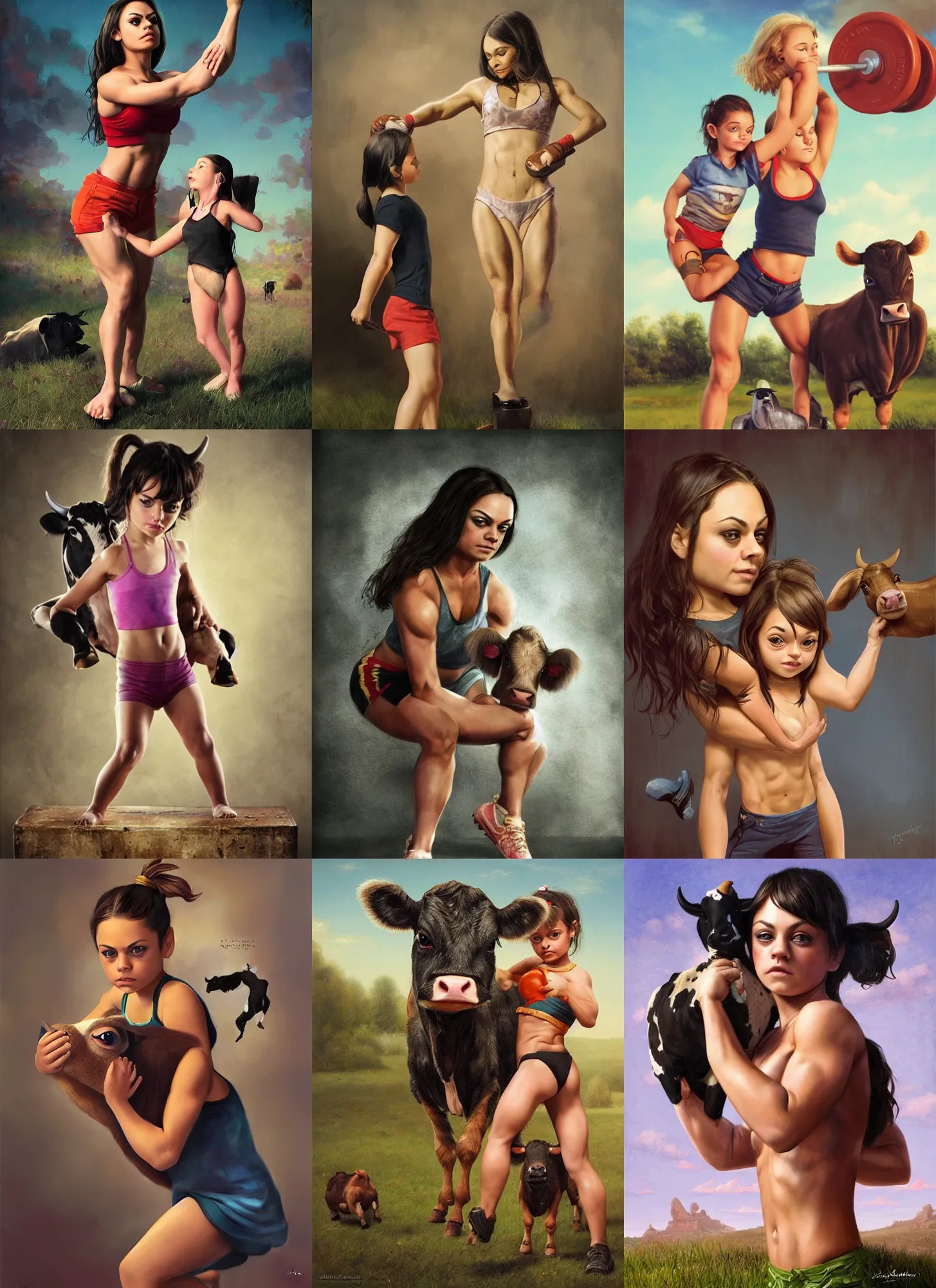 Image similar to little bodybuilder mila kunis lifting a cow, wlop, steve argyle, ilya kuvshinov, ralph horsley, rossdraw, mark ryden, daniel f. gerhartz, sophie anderson, lilia alvarado, tom chambers