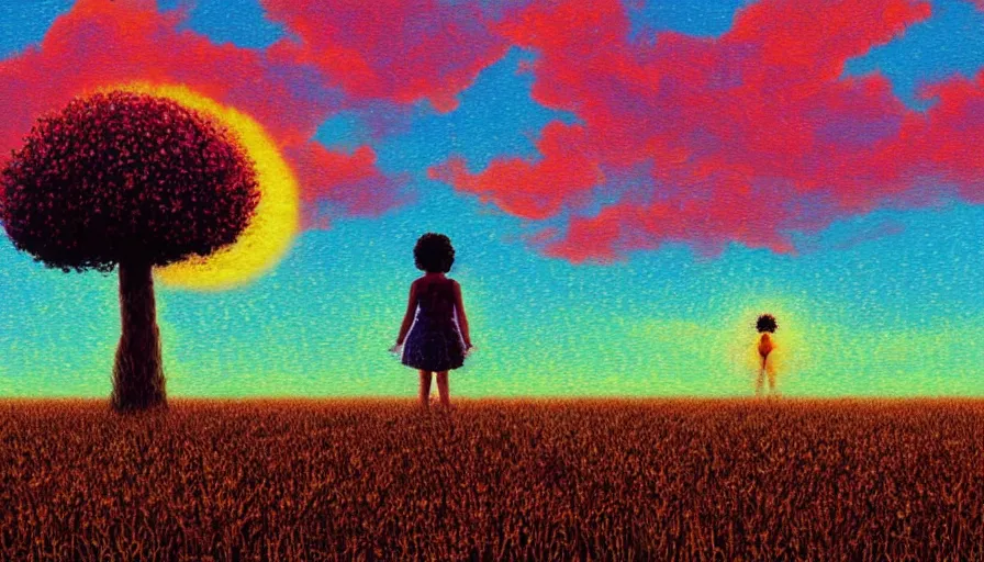 Image similar to daisy flower afro, full body, girl watching sunset, empty wheat field, surreal photography, colorful clouds, tree, impressionist painting, colorful clouds, digital painting, pointillism, artstation, simon stalenhag