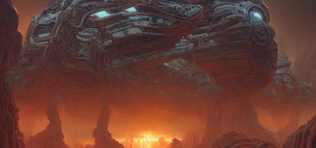 Image similar to symmetry!! alien landscape of high tech alien machinery in the style of doom, alien bodies everywhere, intricate, elegant, highly detailed, digital painting, artstation, concept art, smooth, sharp focus, illustration, art by artgerm and greg rutkowski and alphonse mucha, 8 k