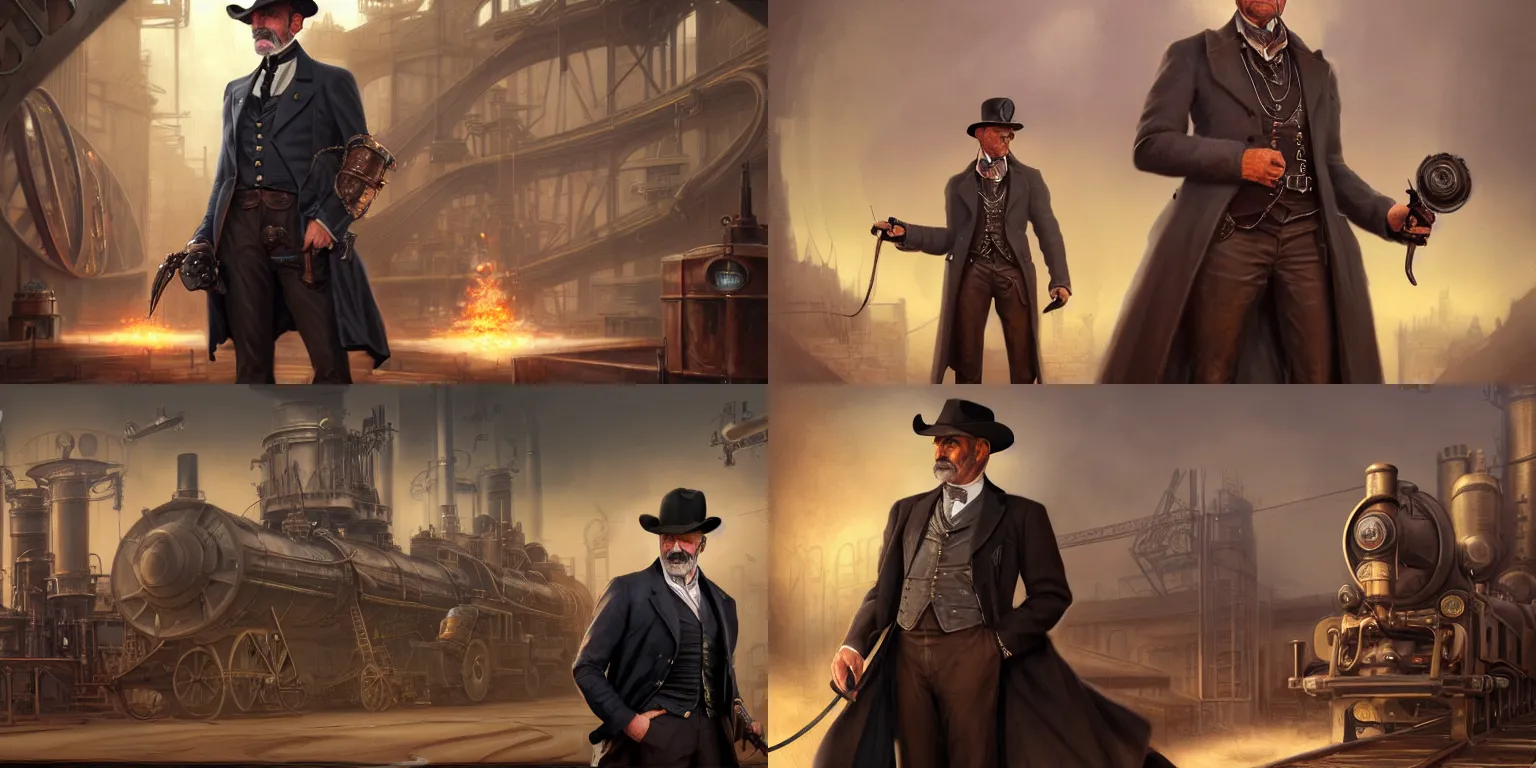 Prompt: full-length portrait of a noble gunslinger gentleman Sean Connery in hat in the center, holding arms on holsters , matte painting of steam turbines on background, by tyler edlin and lindsey look, victorian, concept art, steam romance, steam-punk illustration, detailed, 4k resolution, trending on artstation