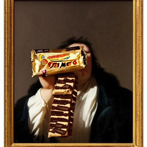 Image similar to saturn devouring a snickers chocolate bar, goya painting, in the style of goya and greg rutkowski, in the style of black paintings, 8 k, highly realistic