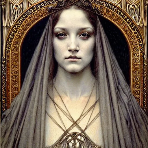 Image similar to detailed realistic beautiful young medieval queen face portrait by jean delville, gustave dore and marco mazzoni, art nouveau, symbolist, visionary, gothic, pre - raphaelite. horizontal symmetry