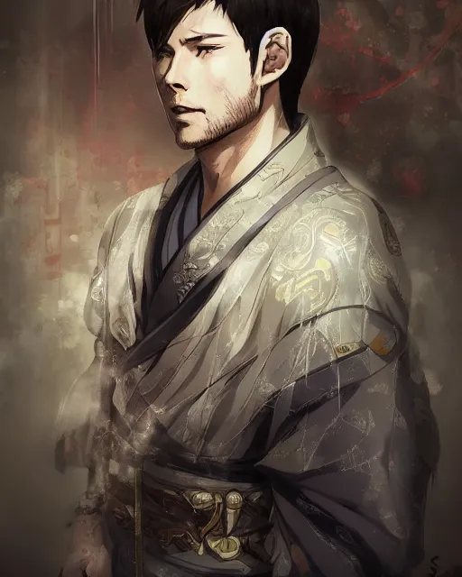 Image similar to an anime portrait of jensen ackles as a beautiful man wearing a kimono from skyrim, by stanley artgerm lau, wlop, rossdraws, james jean, andrei riabovitchev, marc simonetti, and sakimichan, trending on artstation