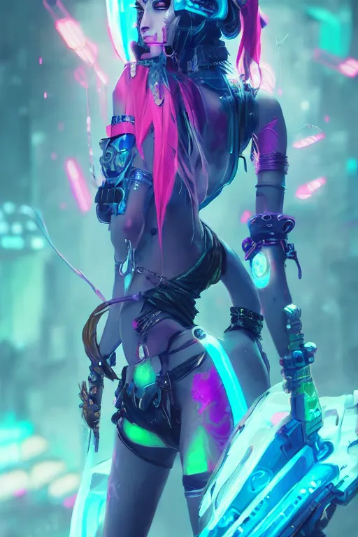 Image similar to jinx from league of legends, cyberpunk futuristic neon. decorated with traditional japanese ornaments by ismail inceoglu dragan bibin hans thoma greg rutkowski alexandros pyromallis nekro rene maritte illustrated, perfect face, fine details, realistic shaded, fine - face, pretty face