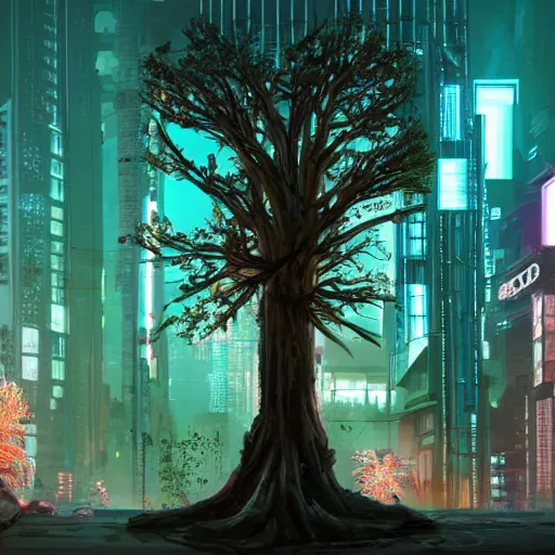 Prompt: a cyberpunk tree in the middle of a medieval city