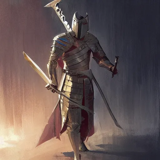 Prompt: a knight with sword and fork in hands by greg rutkowski