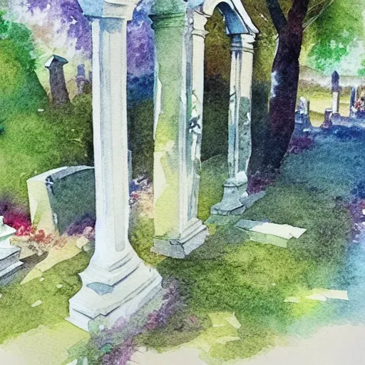 Prompt: water color on paper, walk in the cemetery, highly detailed, artstation, masterpiece, award - winning,