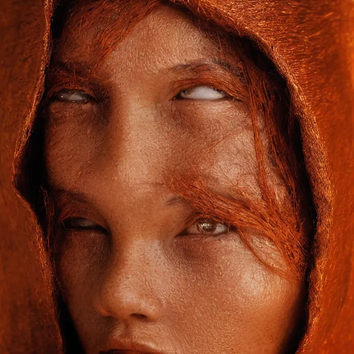 Image similar to closeup portrait of a woman wrapped in copper fiber, standing in el nido in philippines, color photograph, by vincent desiderio, canon eos c 3 0 0, ƒ 1. 8, 3 5 mm, 8 k, medium - format print