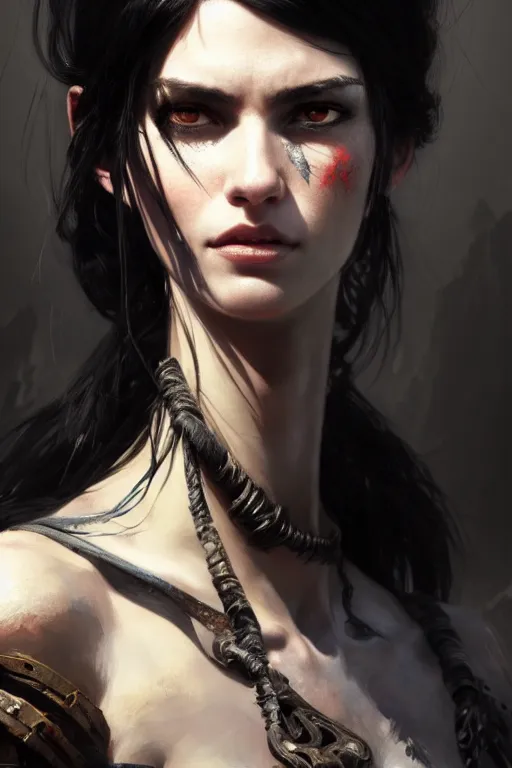 Image similar to portrait of a black haired woman in the style of god of war, rugged torn clothes, intricate, elegant, highly detailed, digital painting, artstation, concept art, smooth, sharp focus, illustration, art by artgerm and greg rutkowski and alphonse mucha, 8 k