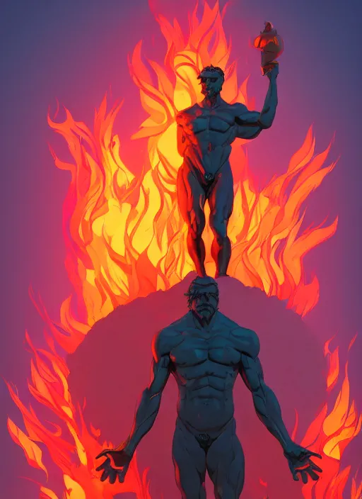 Prompt: statue of the ubermensch standing in a sea of fire, heroic, glorious, in the style of artgerm, gerald brom, atey ghailan and mike mignola, vibrant colors and hard shadows and strong rim light, plain background, comic cover art, trending on artstation