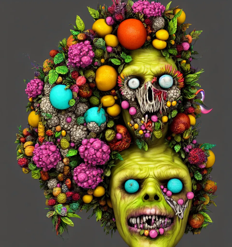 Image similar to headshot of a trickster nature zombie, head made of fruit and flowers in the style of arcimboldo, covered with iridescent bubbles, made by greg rutkowski, digital illustration, dynamic lighting, action figure, clay sculpture, claymation, turquoise pink and yellow, rainbow stripe backdrop