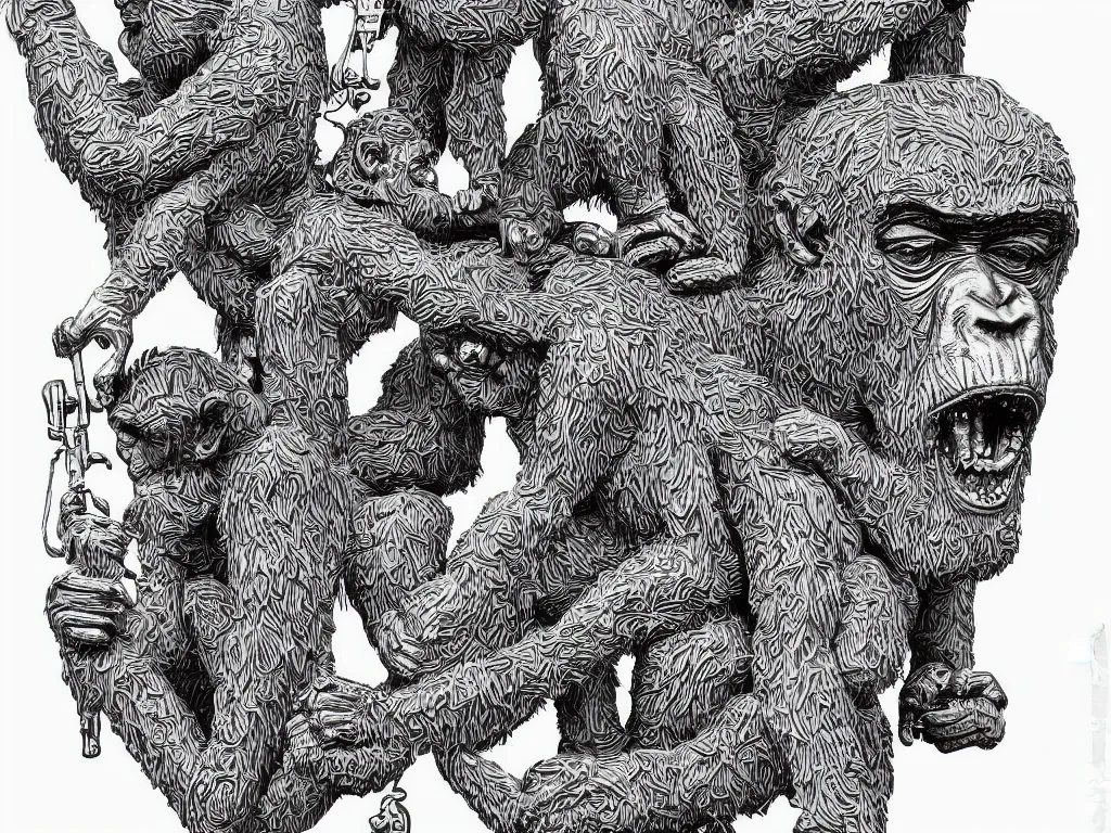 Image similar to bored ape club monkeies by Chor Boogie, intricate details, ultra detailed, 4K, award-winning, touch of M. C. Escher and Salvador Dali